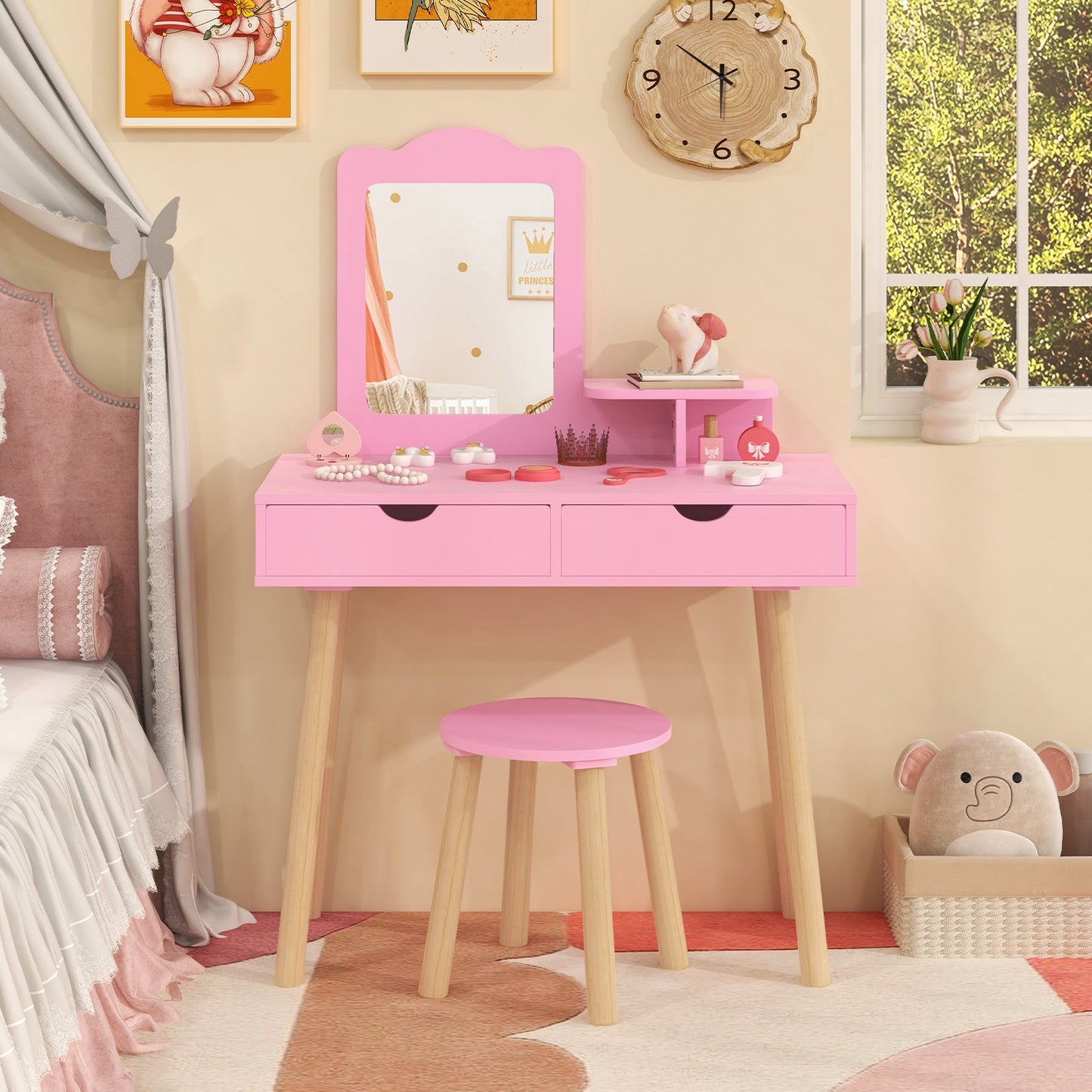 Ensemble de table de maquillage pour enfant avec miroir et rangement - Rose