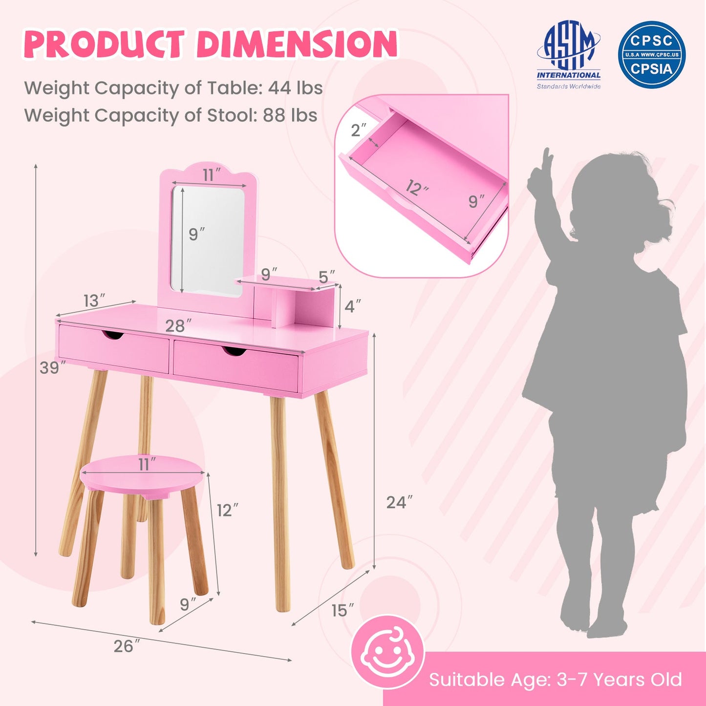 Ensemble de table de maquillage pour enfant avec miroir et rangement - Rose