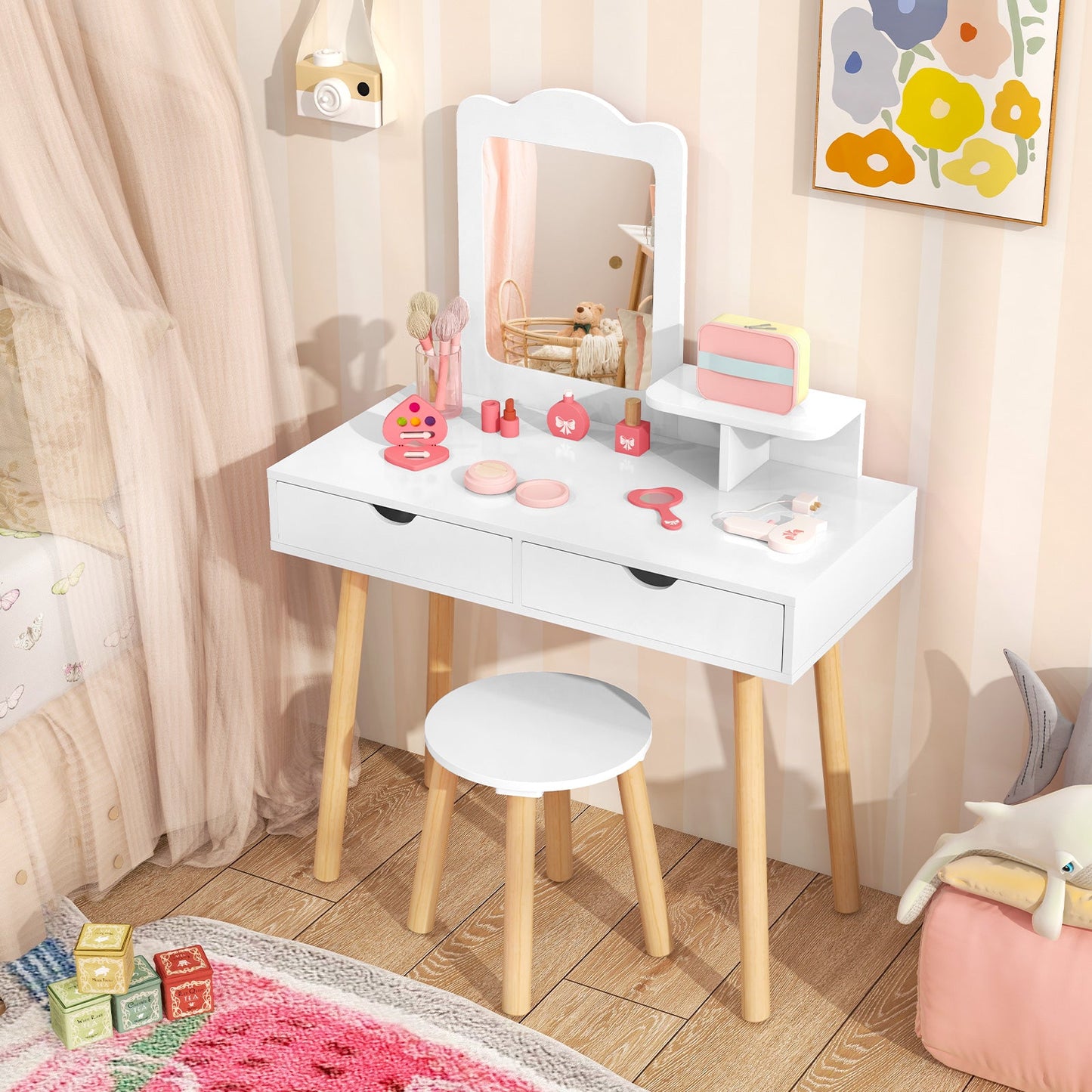 Kid Vanity Table Chair Set with Mirror and Storage - White