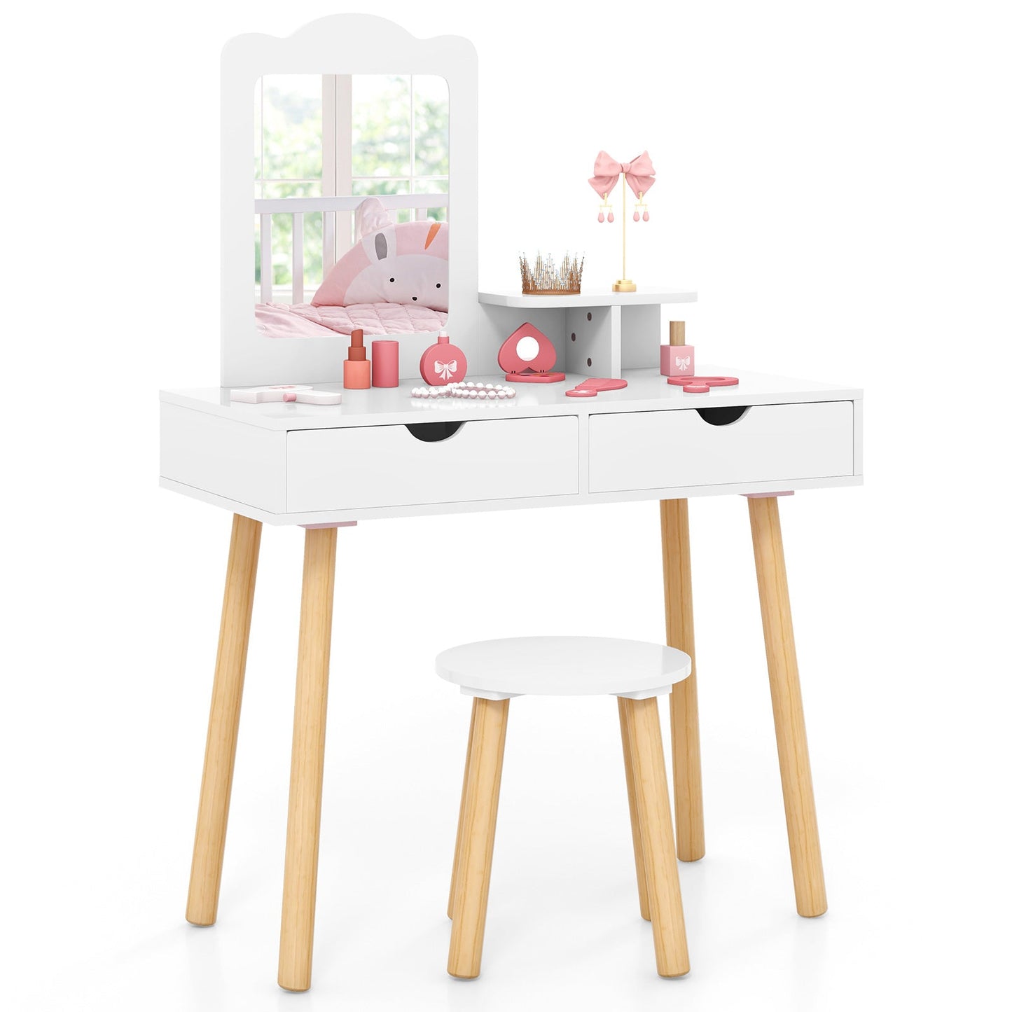 Kid Vanity Table Chair Set with Mirror and Storage - White