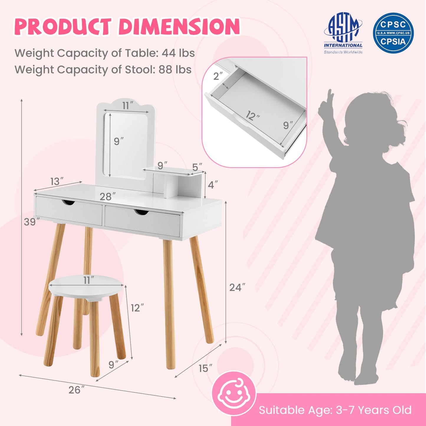 Kid Vanity Table Chair Set with Mirror and Storage - White