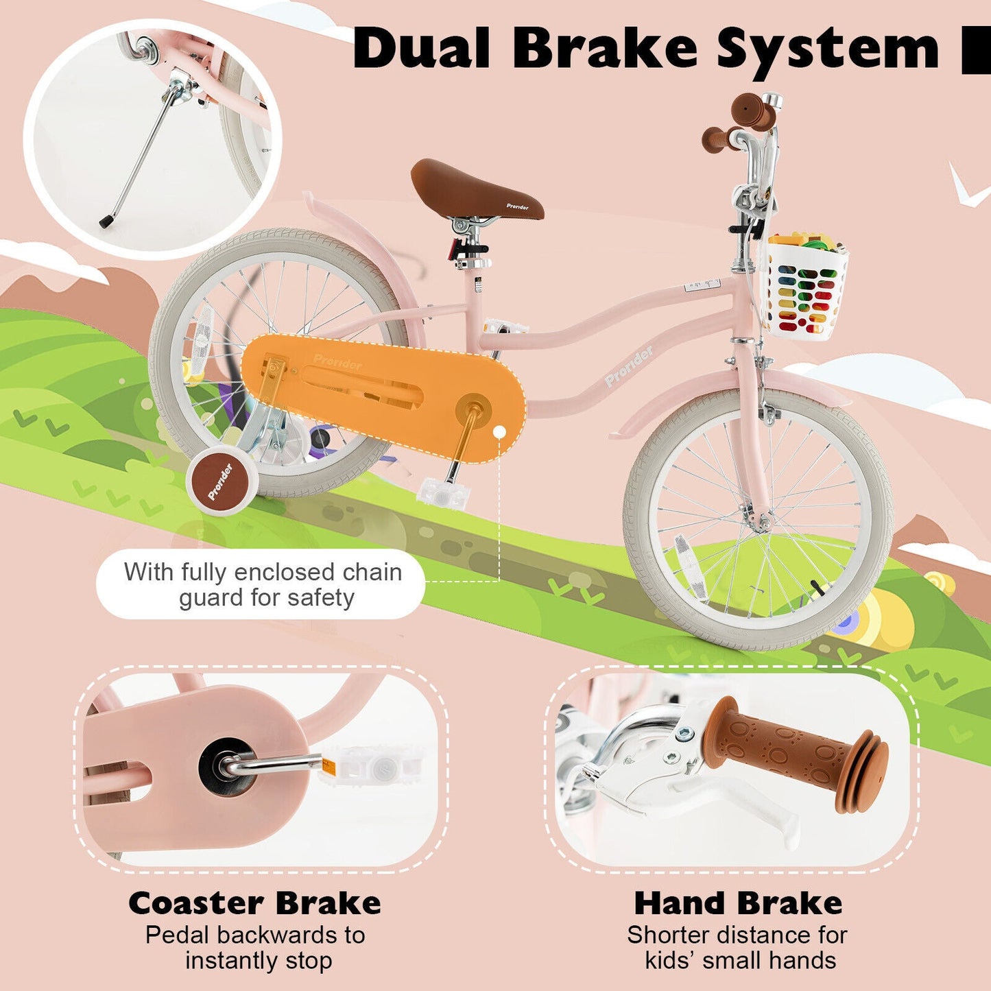 Bicicleta Infantil con Freno de Mano y Freno de Contrapedal - Rosa