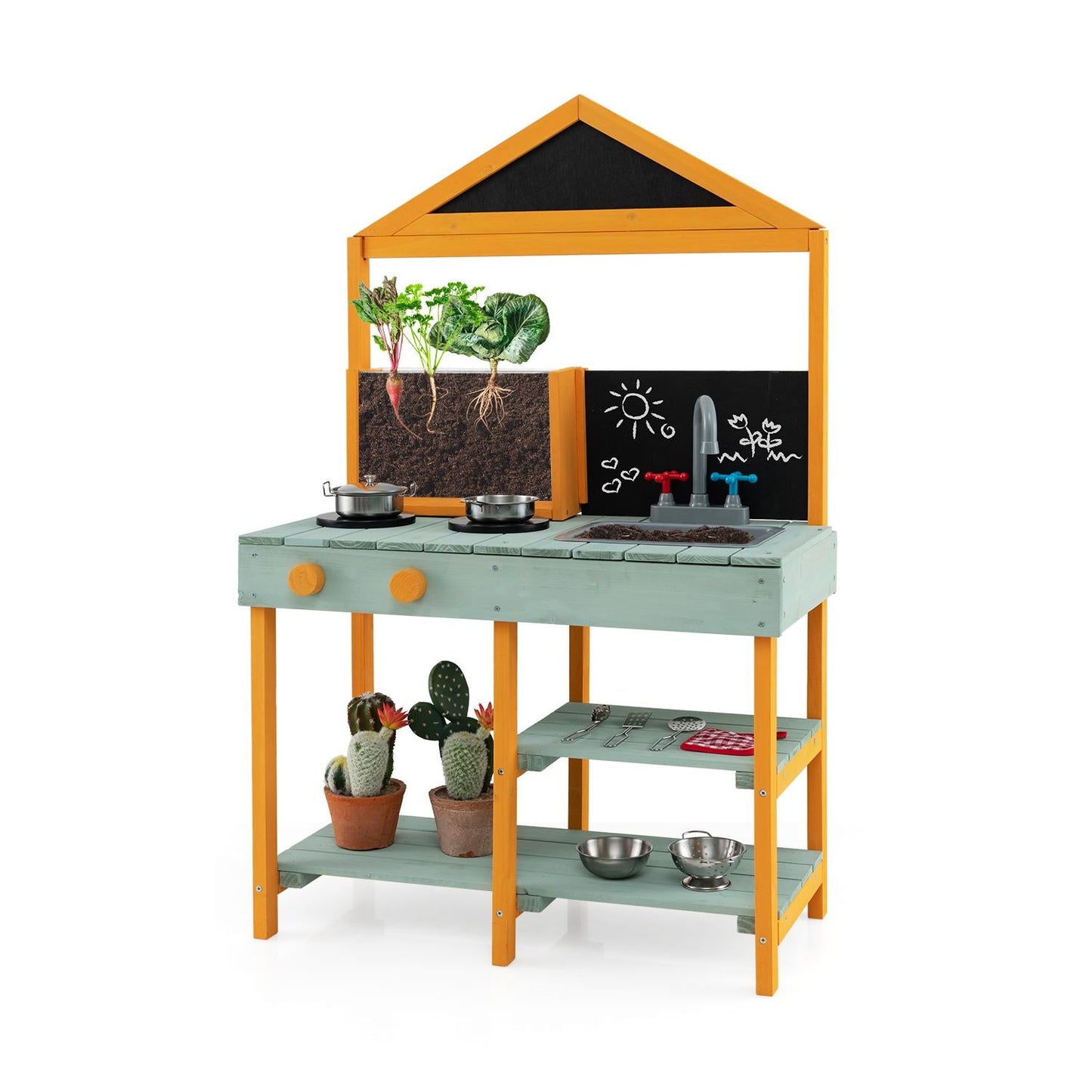 Juego de cocina para niños con maceta de visualización de raíces y grifo