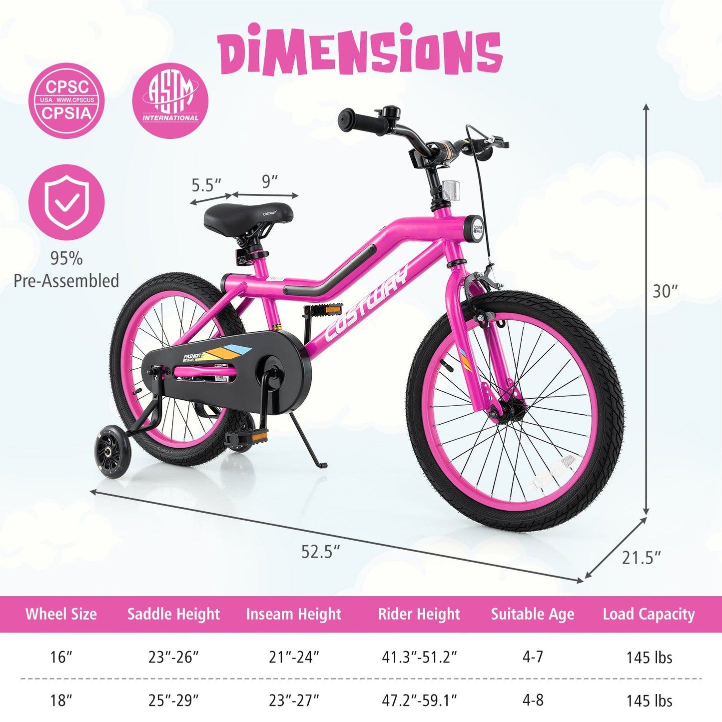 Vélo pour enfants de 18 pouces avec lumières LED et roues d'entraînement
