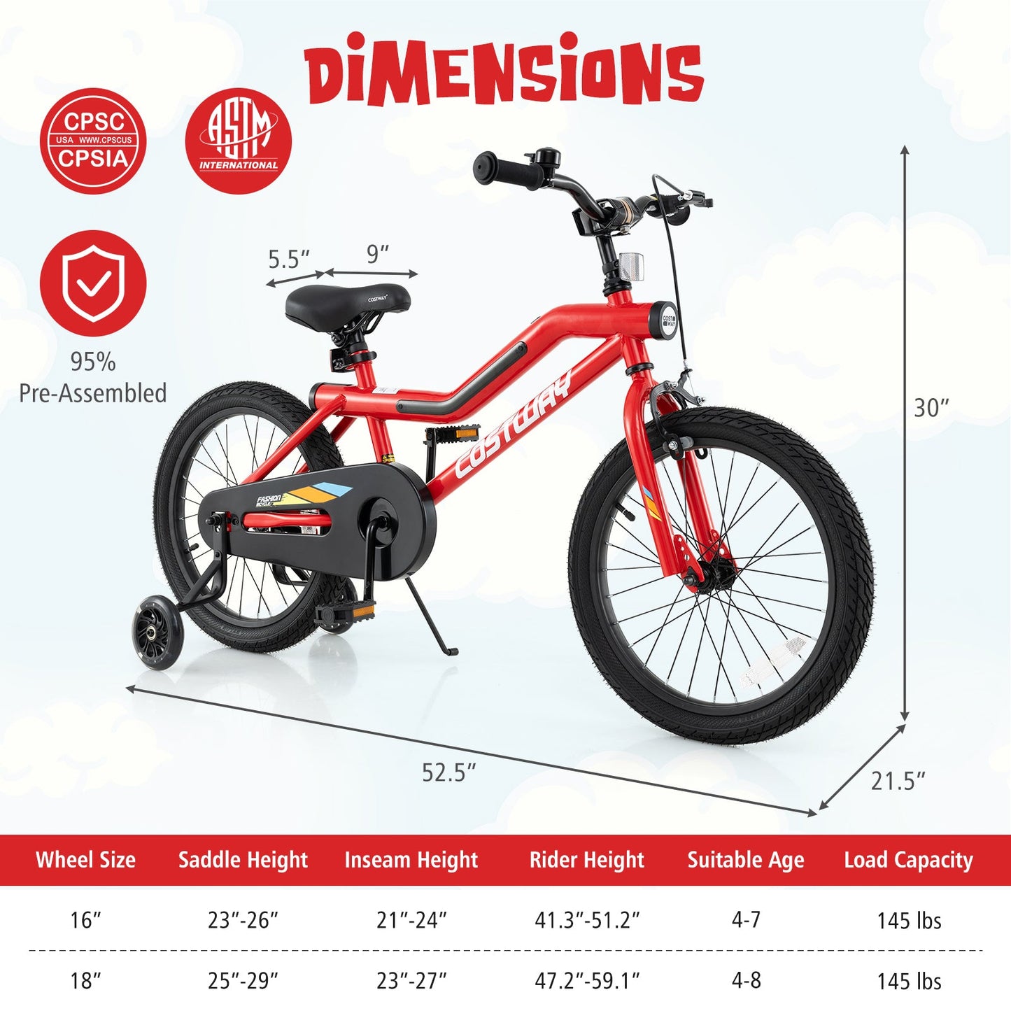Bicicleta para Niños de 18 Pulgadas con Luces LED - Bicicleta de Acero Carbono Ajustable