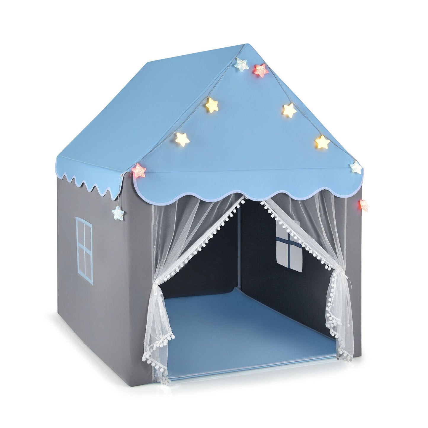 Kids Playhouse Tent with Colorful Star Lights and Mat - Blue