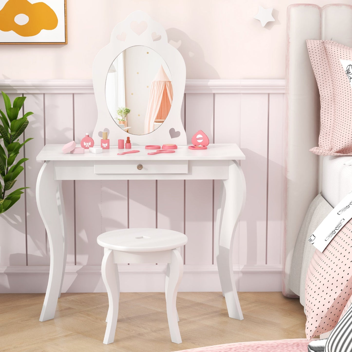 Conjunto de Mesa de Maquillaje para Niñas Princesa con Espejo - Blanco Roto