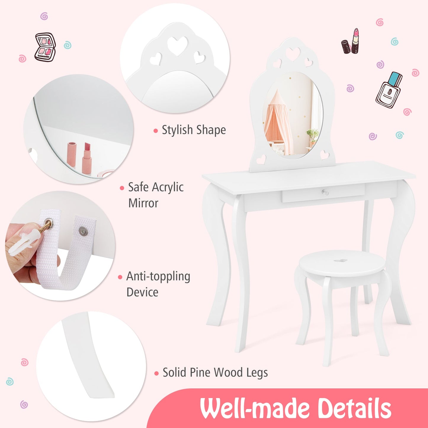 Conjunto de Mesa de Maquillaje para Niñas Princesa con Espejo - Blanco Roto