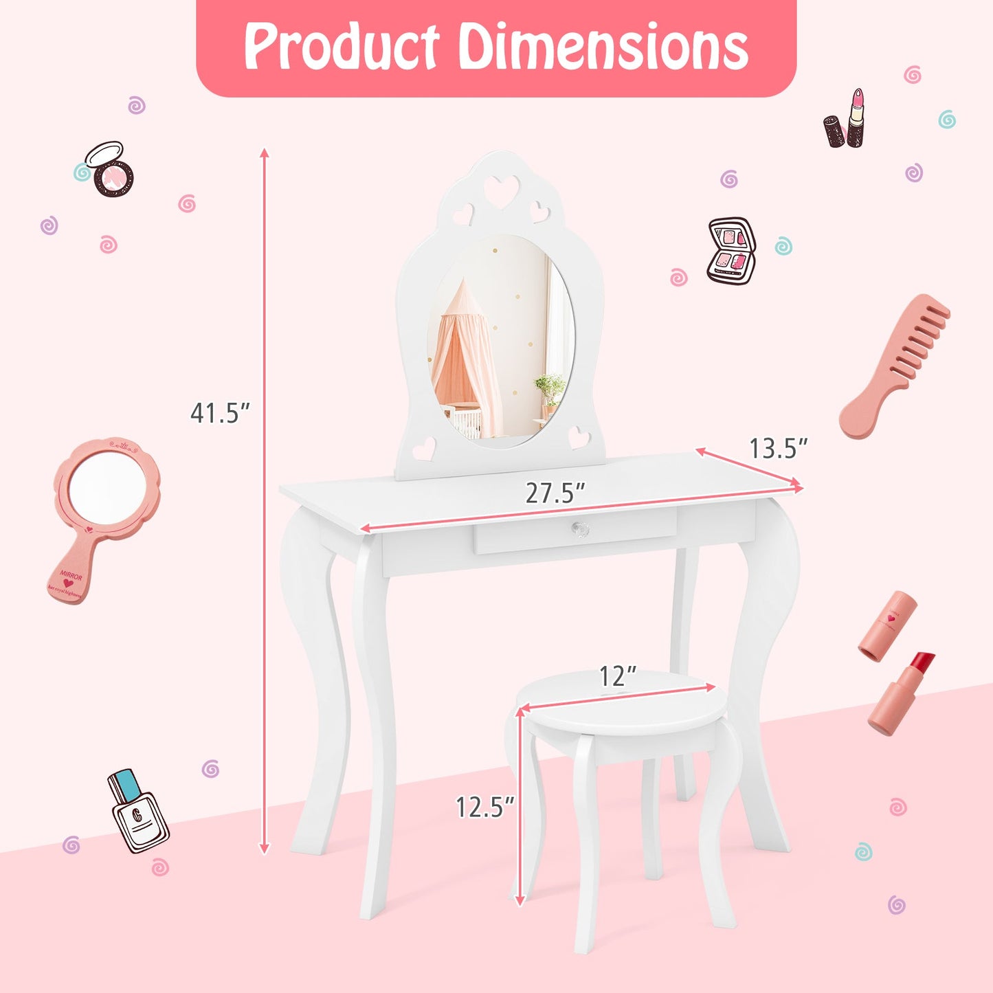 Conjunto de Mesa de Maquillaje para Niñas Princesa con Espejo - Blanco Roto