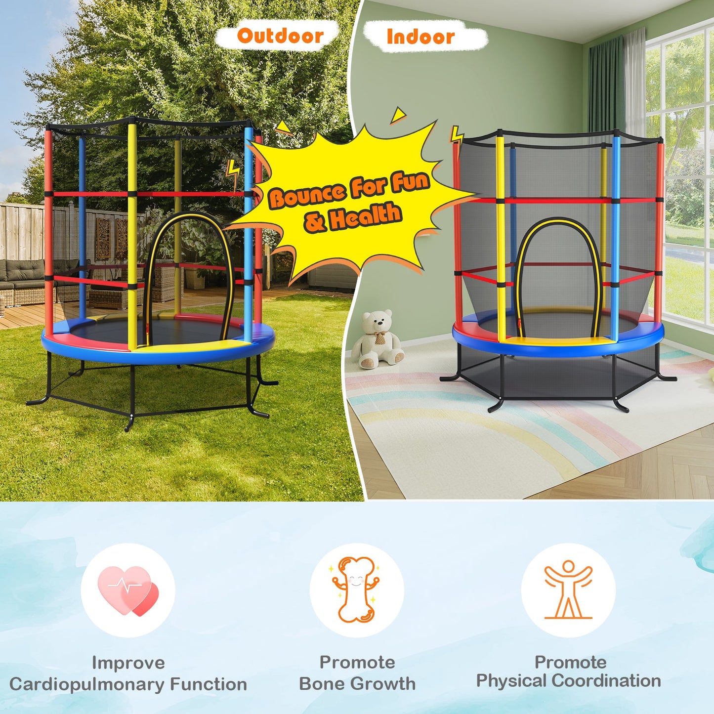 Trampoline pour enfants de 55 pouces avec filet de sécurité - Jaune
