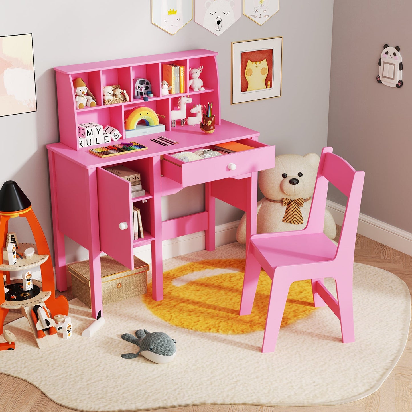 Ensemble Bureau et Chaise pour Enfants avec Rangement - Rose