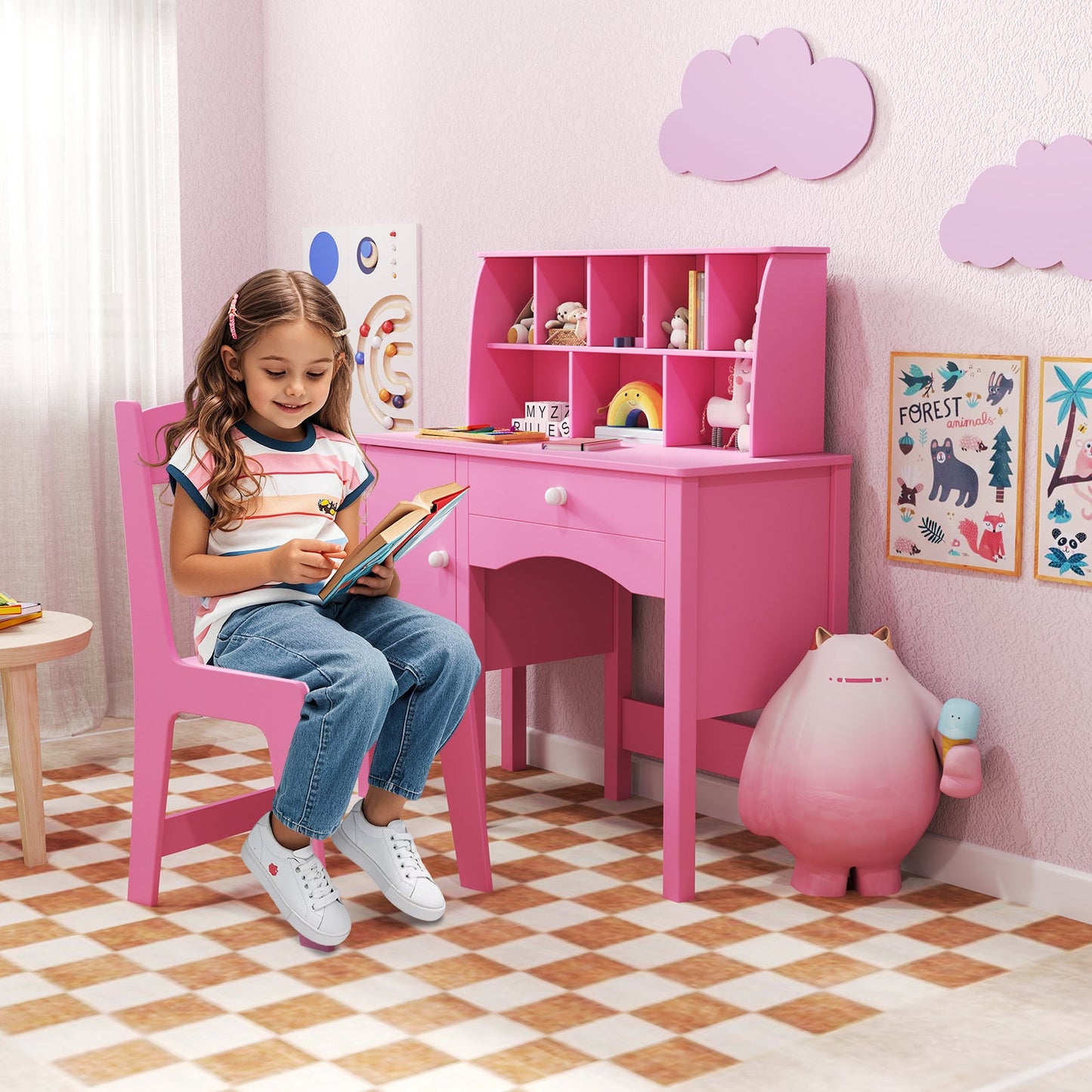 Ensemble Bureau et Chaise pour Enfants avec Rangement - Rose