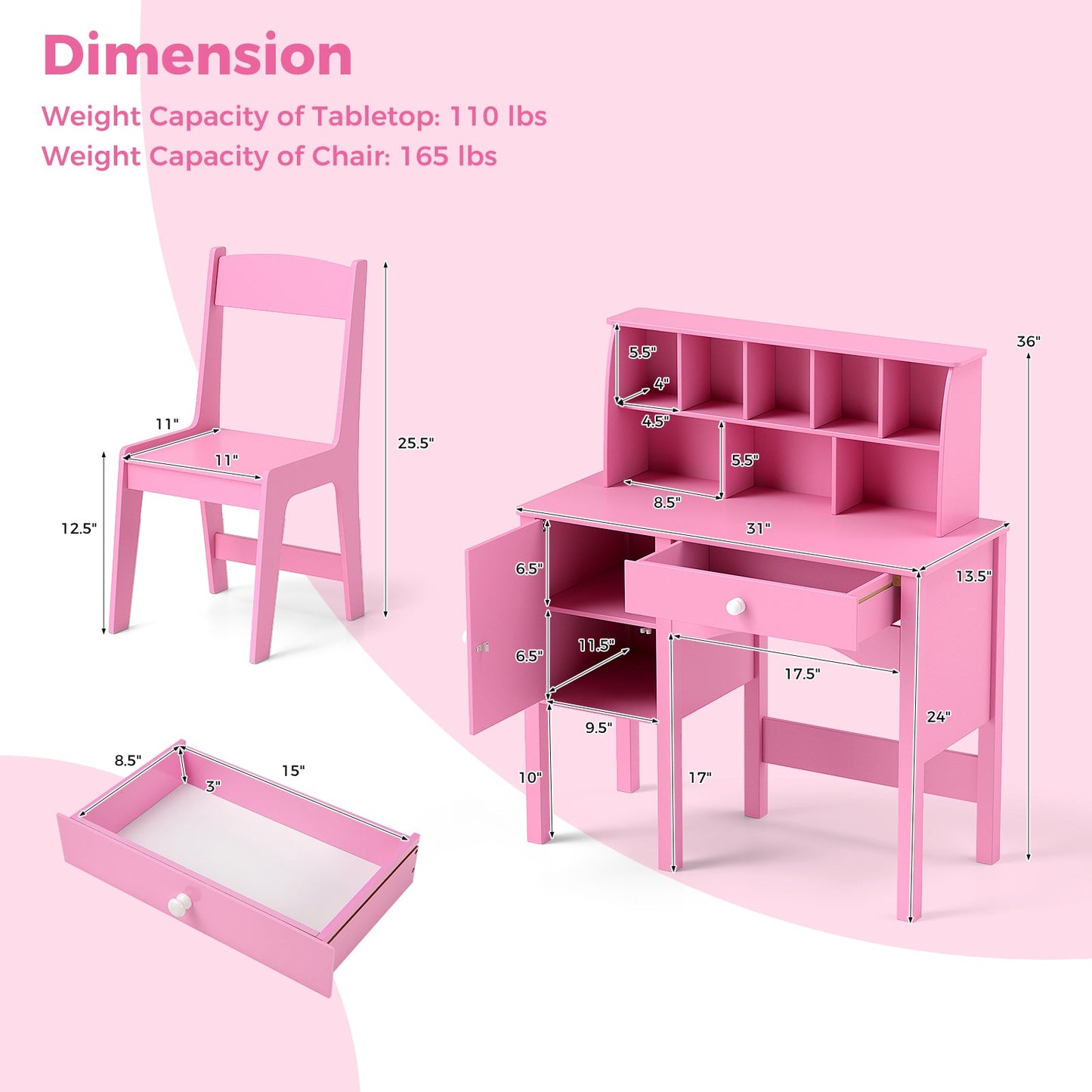 Ensemble Bureau et Chaise pour Enfants avec Rangement - Rose