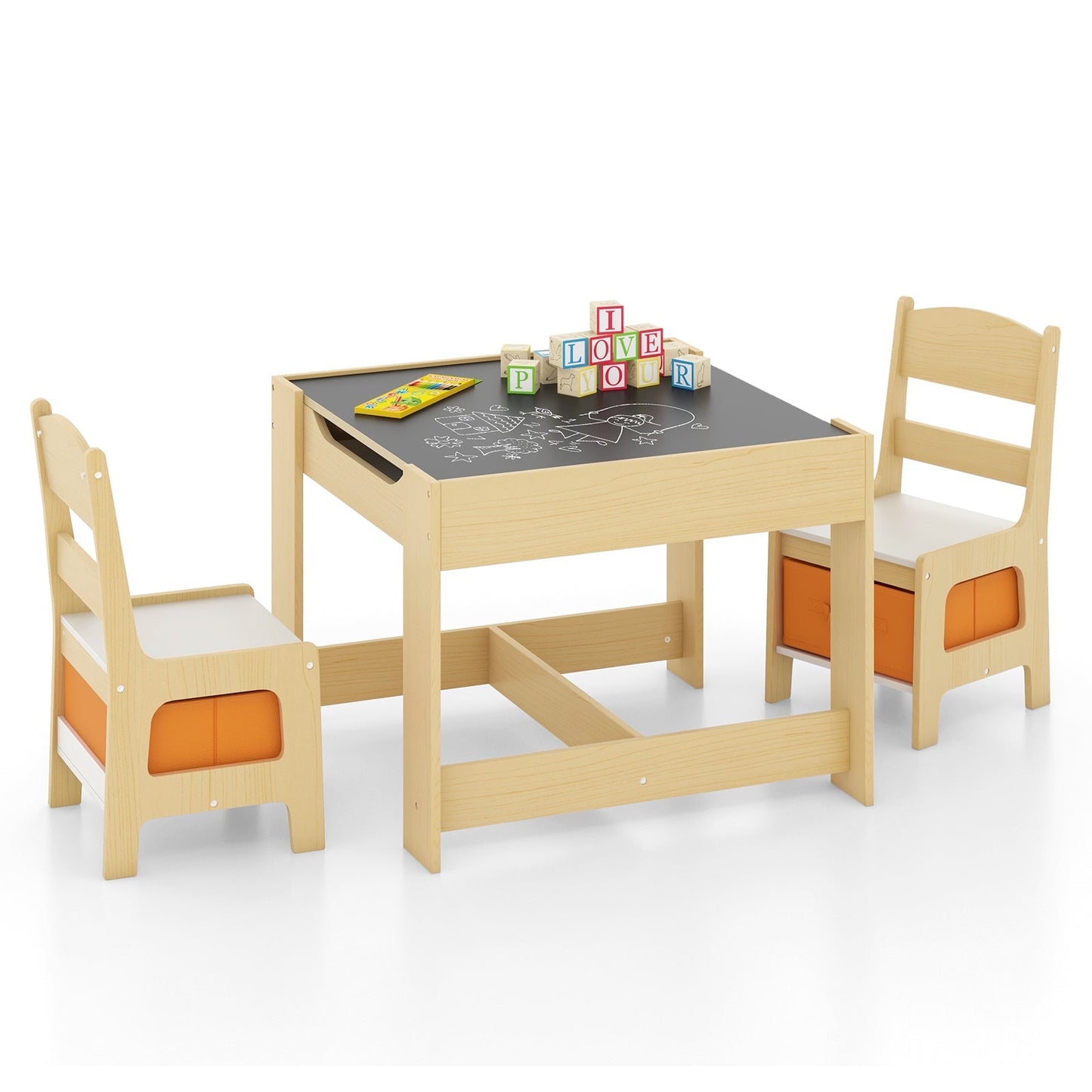 Kids Table and Chairs Set with Storage and Blackboard