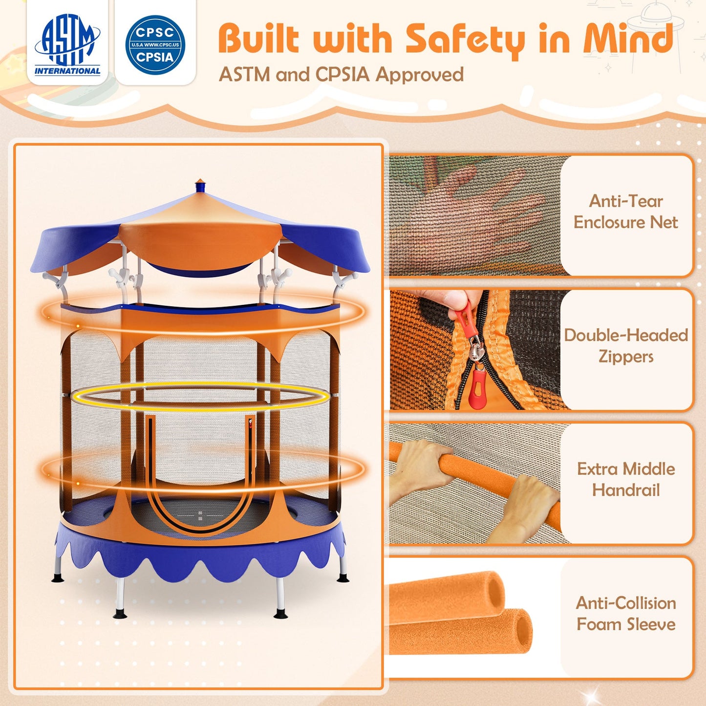 64 Inch Kids Trampoline with Canopy & Safety Net - Orange