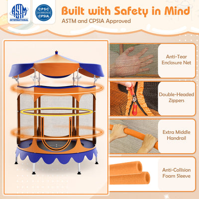 64 Inch Kids Trampoline with Canopy & Safety Net - Orange