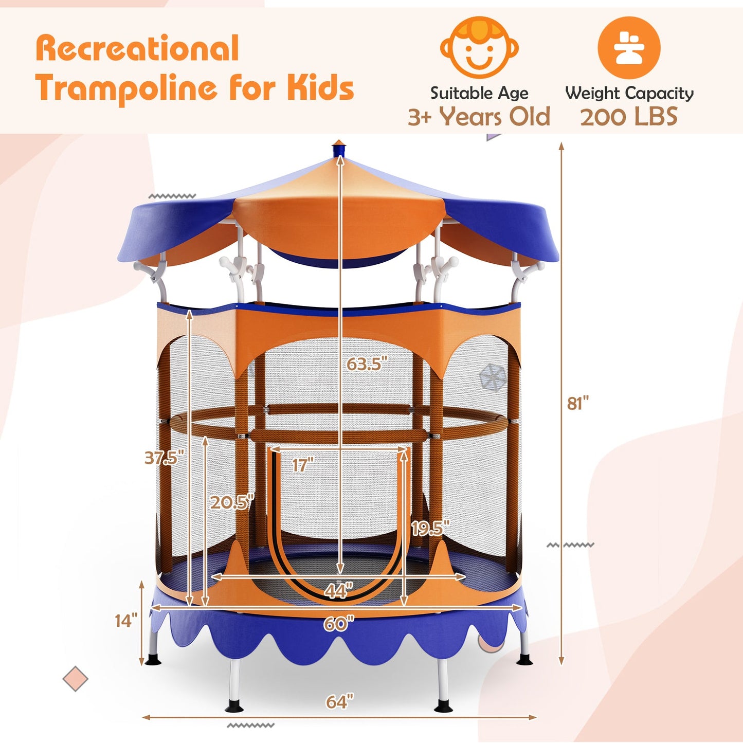 64 Inch Kids Trampoline with Canopy & Safety Net - Orange