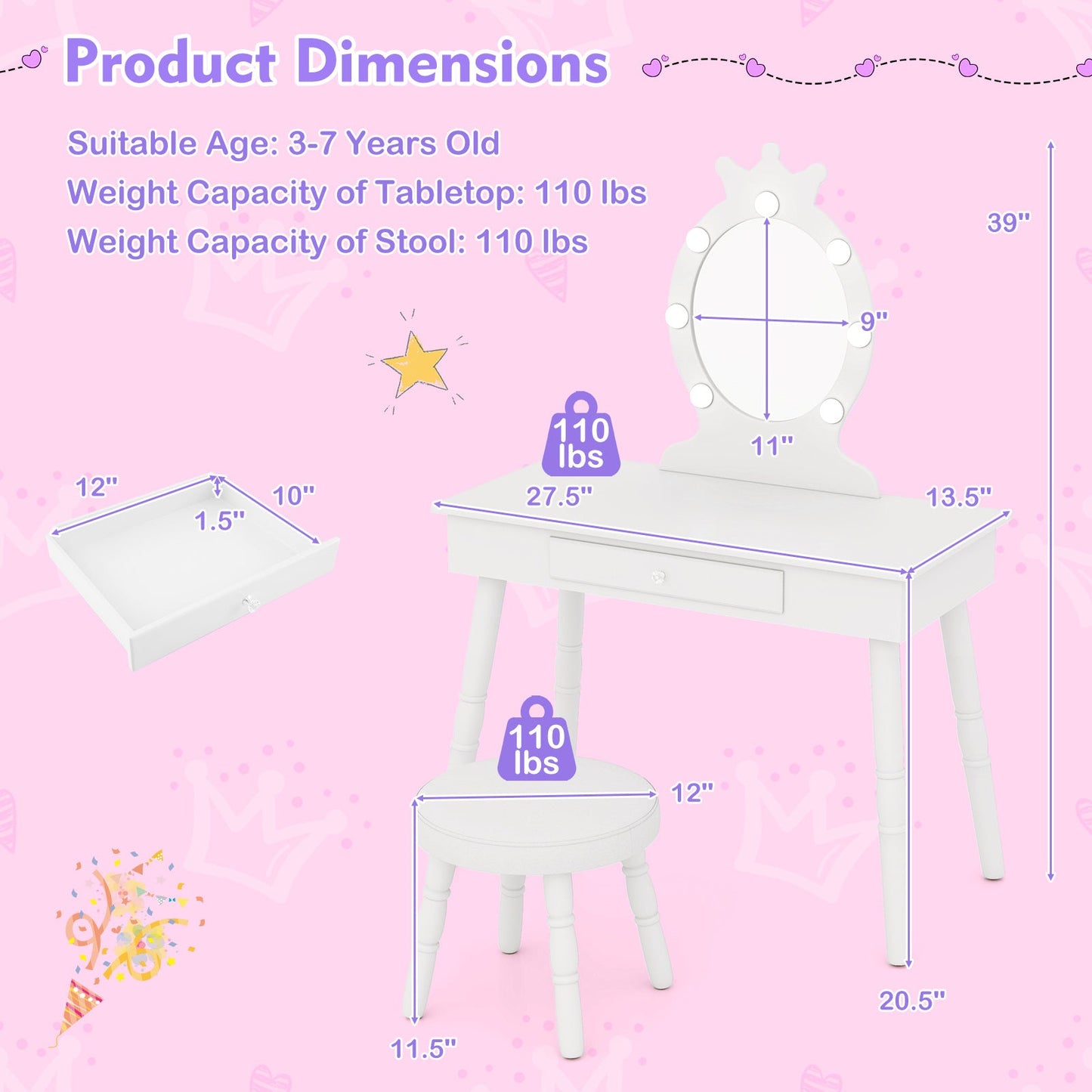Conjunto de Tocador Infantil con Espejo Iluminado - Blanco