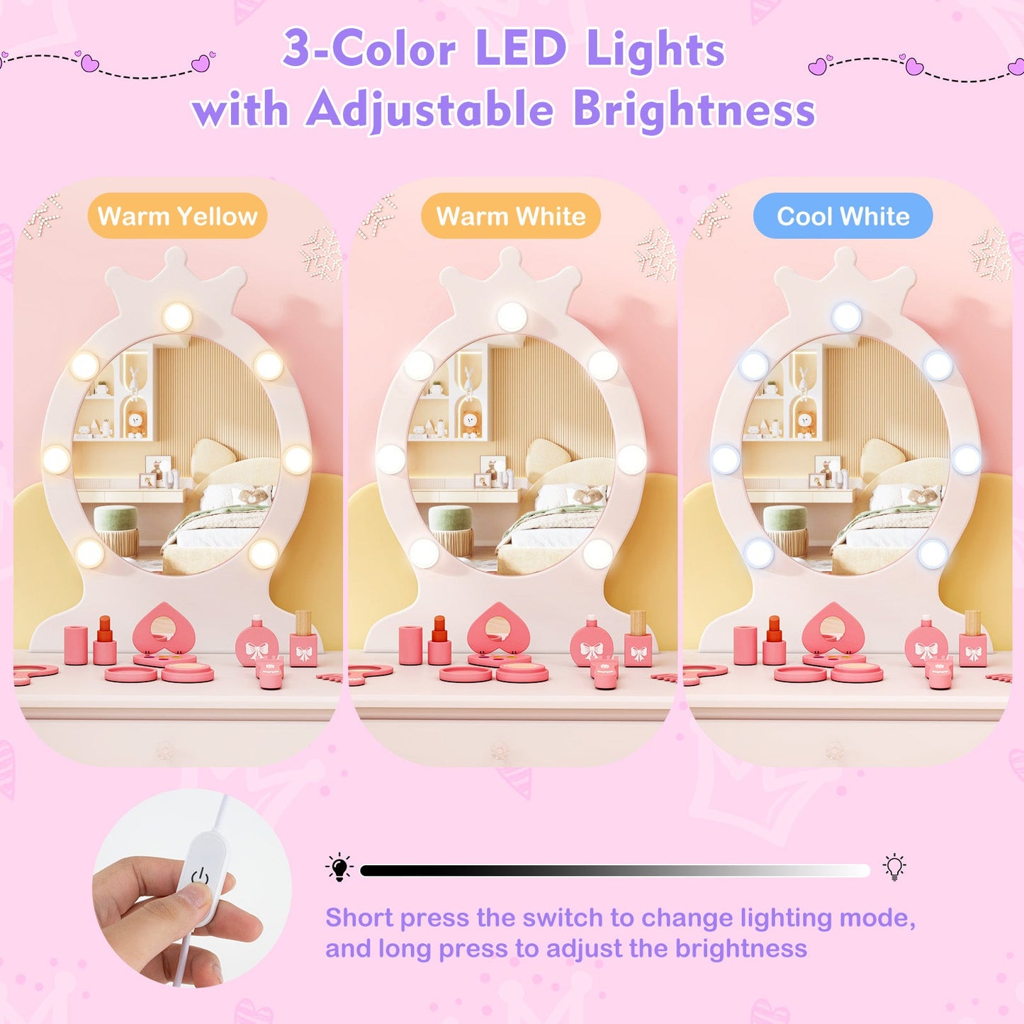 Conjunto de Tocador Infantil con Espejo Iluminado - Blanco