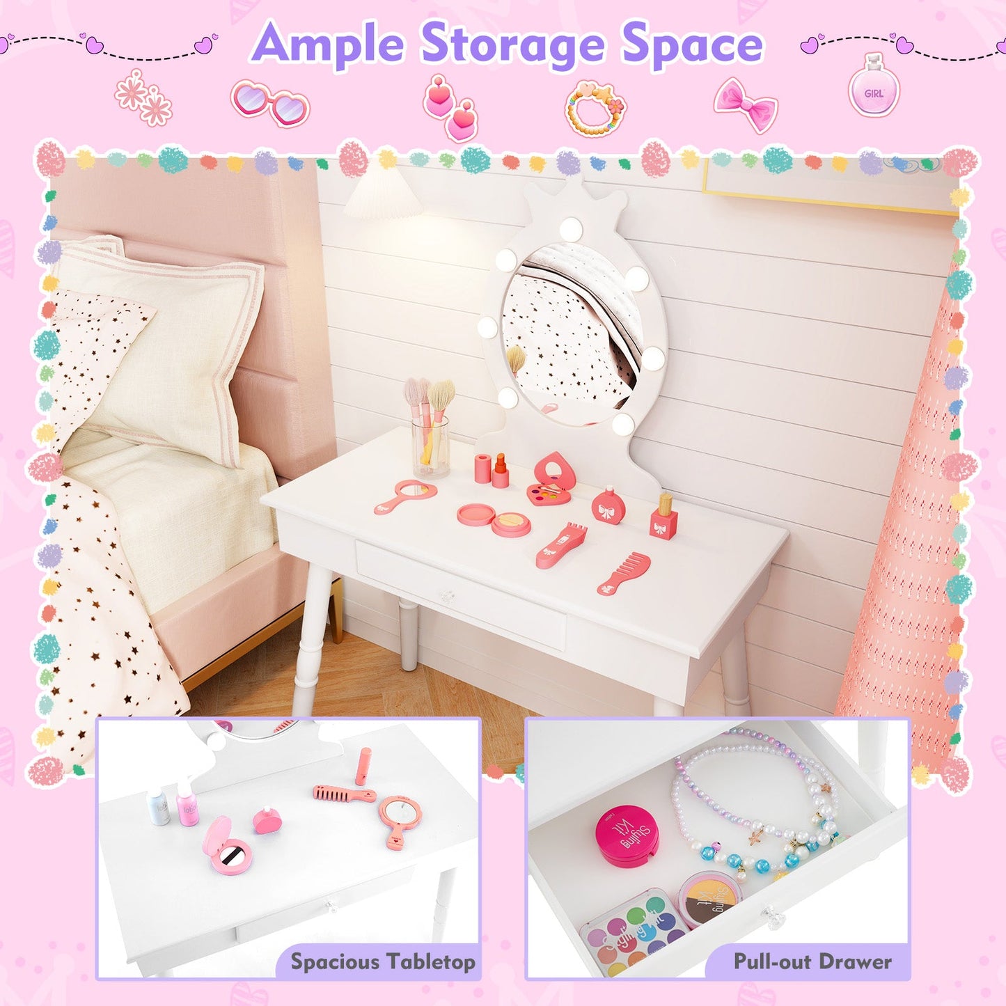 Conjunto de Tocador Infantil con Espejo Iluminado - Blanco