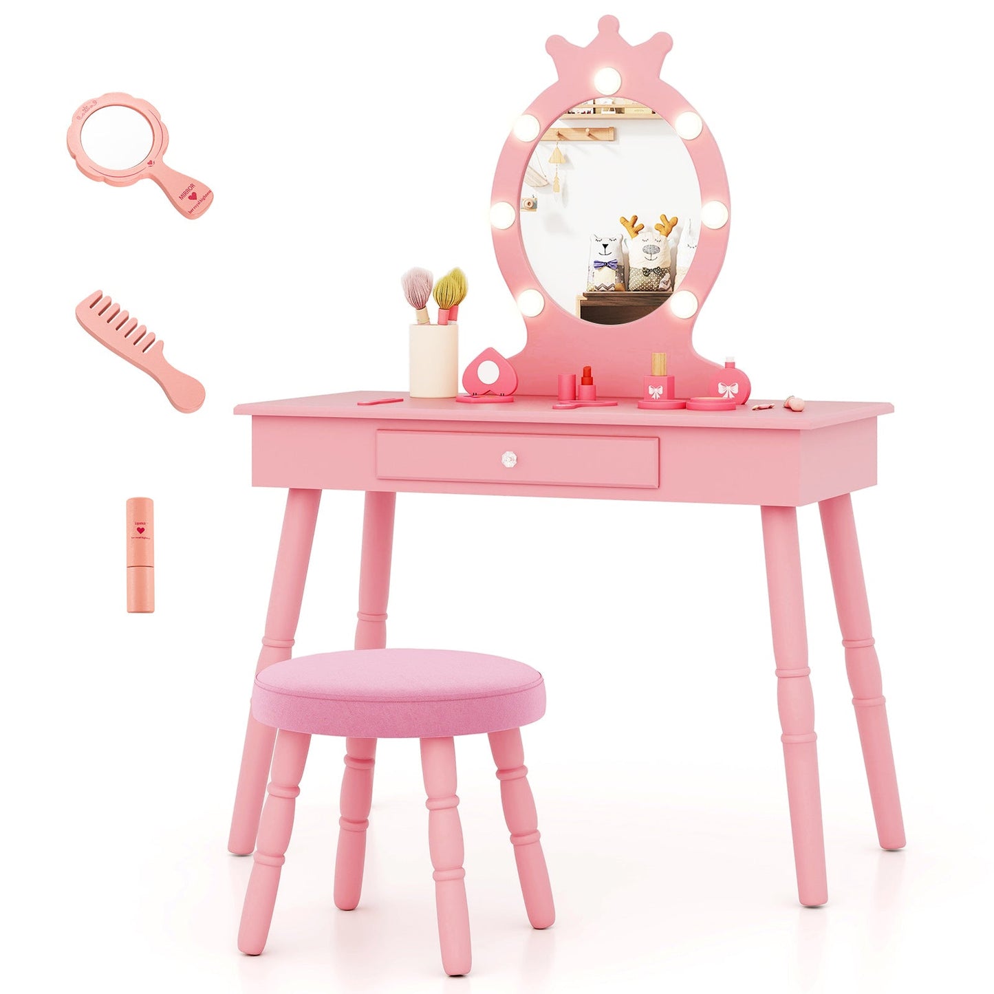 Ensemble de coiffeuse pour enfants avec miroir éclairé - Rose