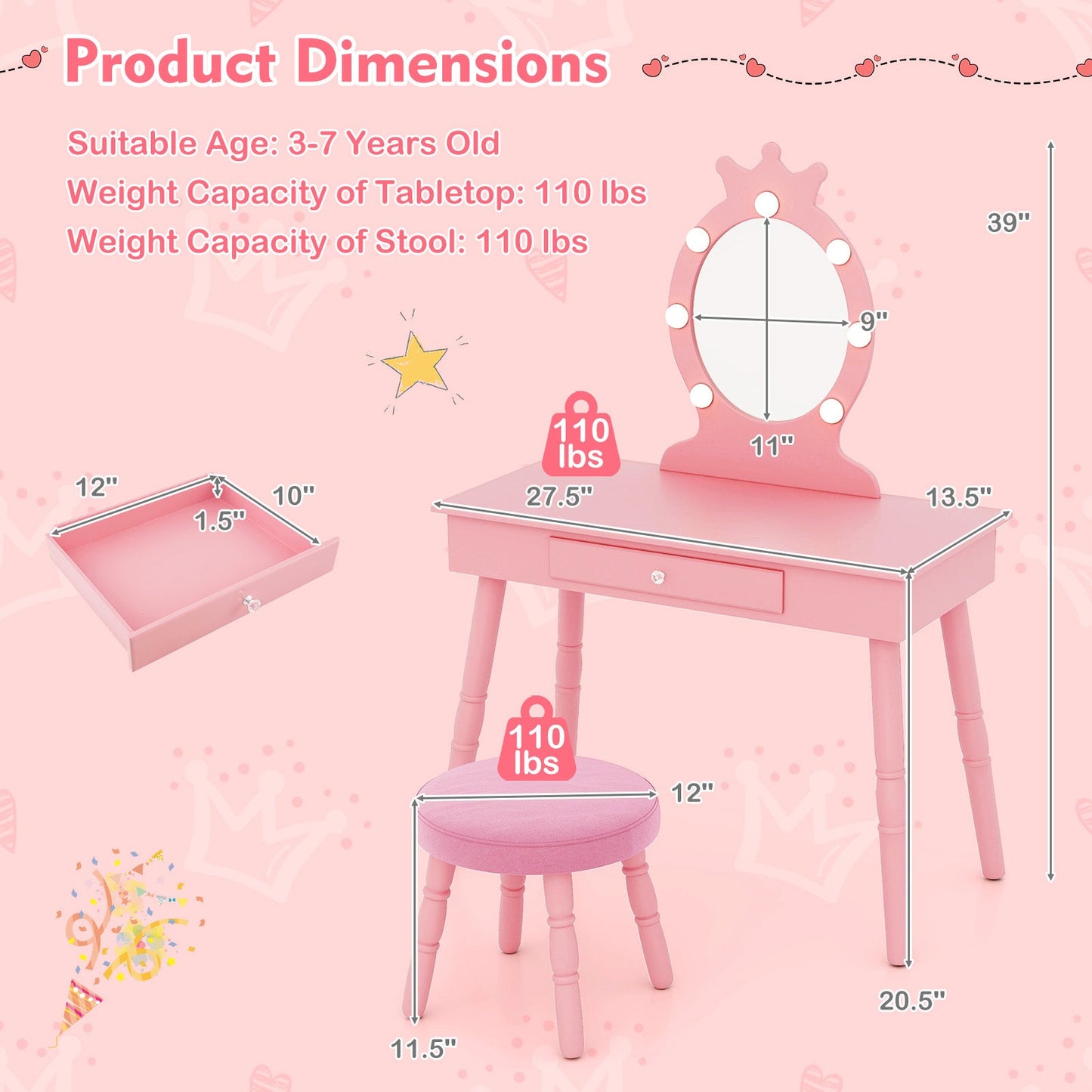 Ensemble de coiffeuse pour enfants avec miroir éclairé - Rose