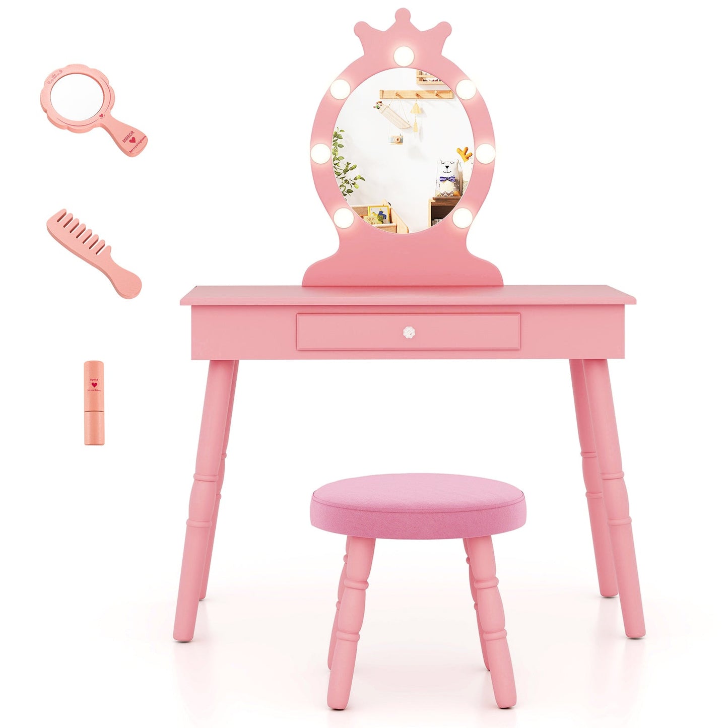 Ensemble de coiffeuse pour enfants avec miroir éclairé - Rose