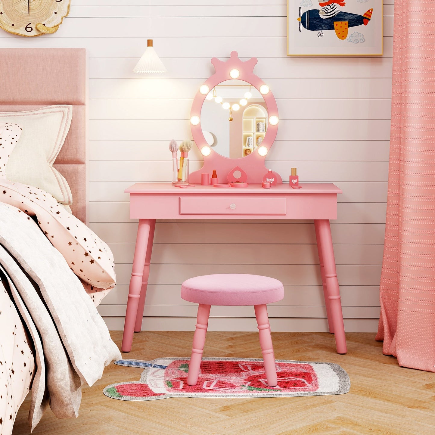 Ensemble de coiffeuse pour enfants avec miroir éclairé - Rose