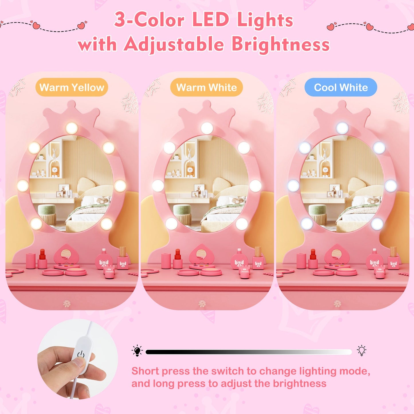 Ensemble de coiffeuse pour enfants avec miroir éclairé - Rose