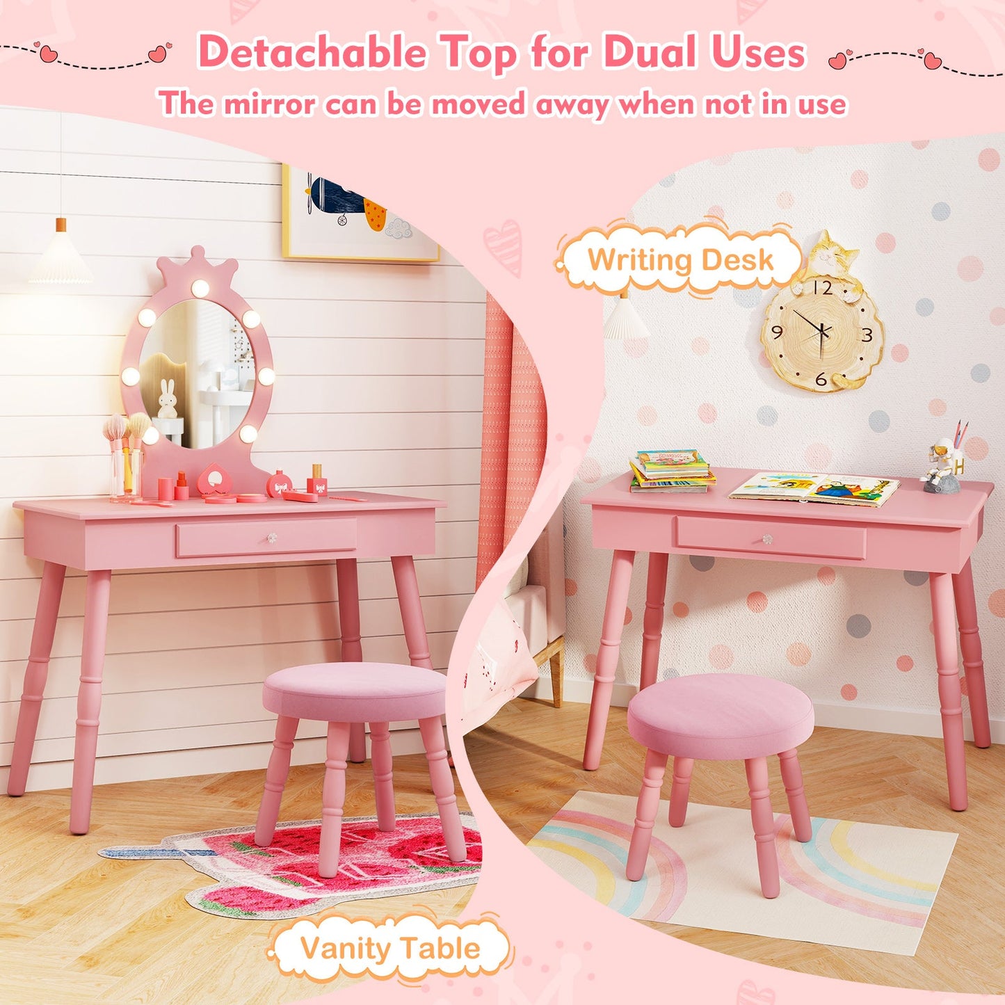Ensemble de coiffeuse pour enfants avec miroir éclairé - Rose