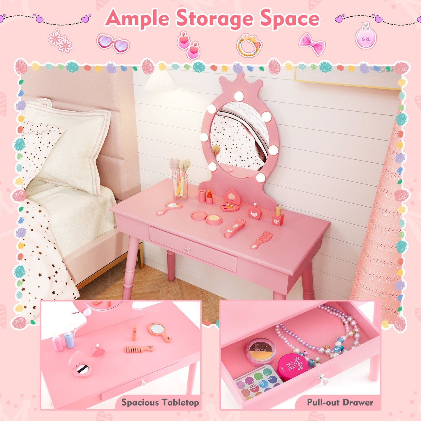 Ensemble de coiffeuse pour enfants avec miroir éclairé - Rose