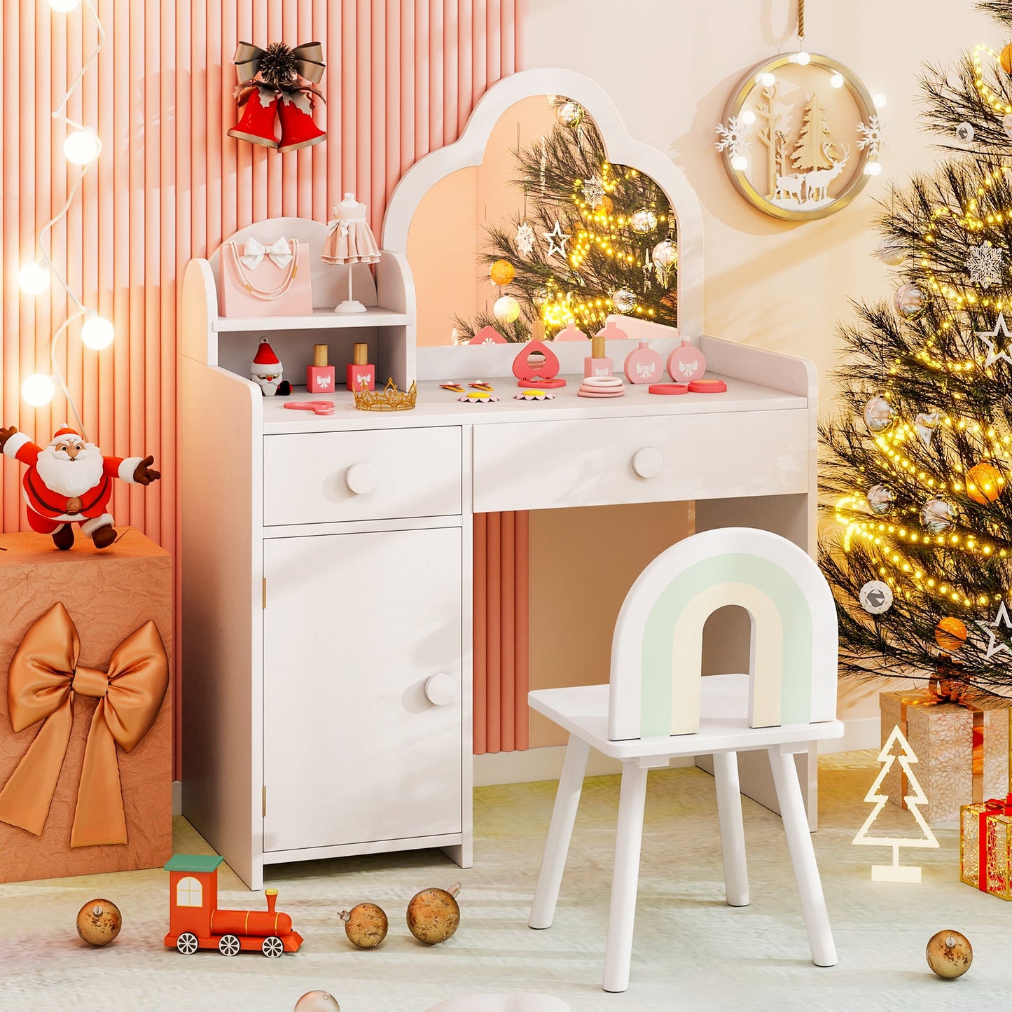 Conjunto de Mesa y Silla de Tocador para Niños con Espejo en Forma de Nube - Blanco