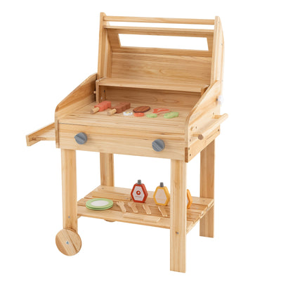 Kids Wooden Barbecue Grill Playset with Food and Wheels
