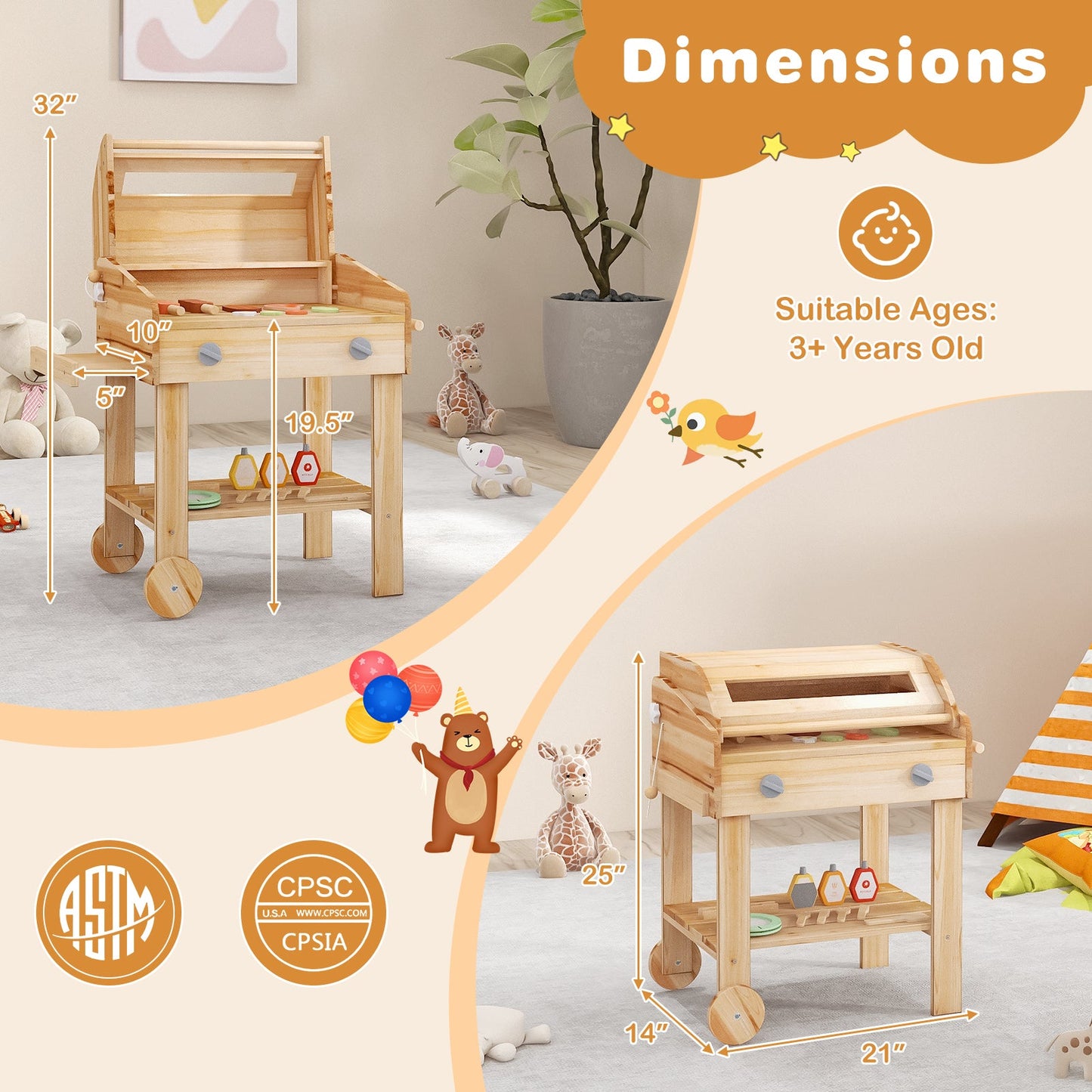 Juego de Barbacoa de Madera para Niños con Comida y Ruedas
