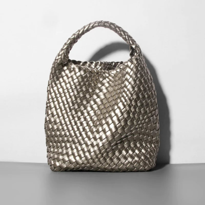 Bolso de Cubo de Cuero Suave Tejido a Mano para Mujeres