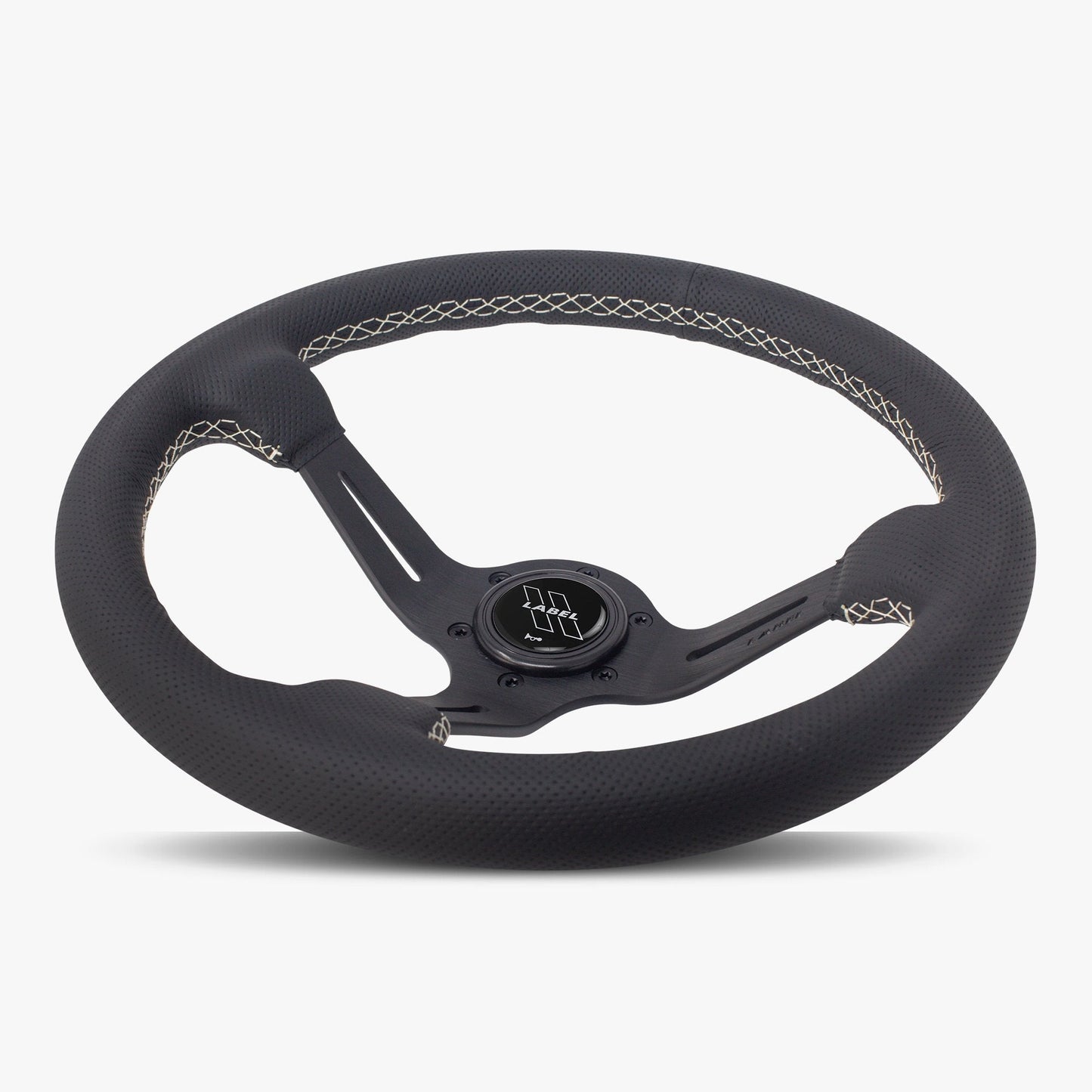 Le Mans Steering Wheel | Black Perforated Leather | Black Spokes | White Stitching - Korvel