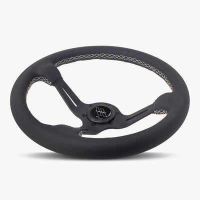 Le Mans Steering Wheel | Black Perforated Leather | Black Spokes | White Stitching - Korvel