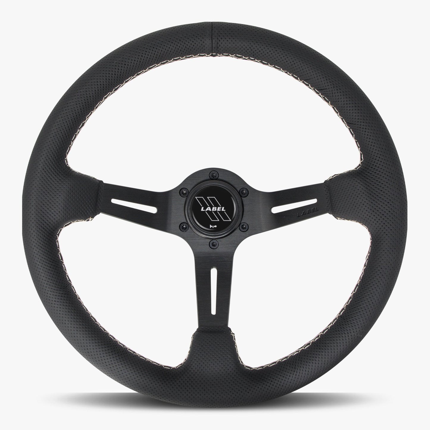 Le Mans Steering Wheel | Black Perforated Leather | Black Spokes | White Stitching - Korvel