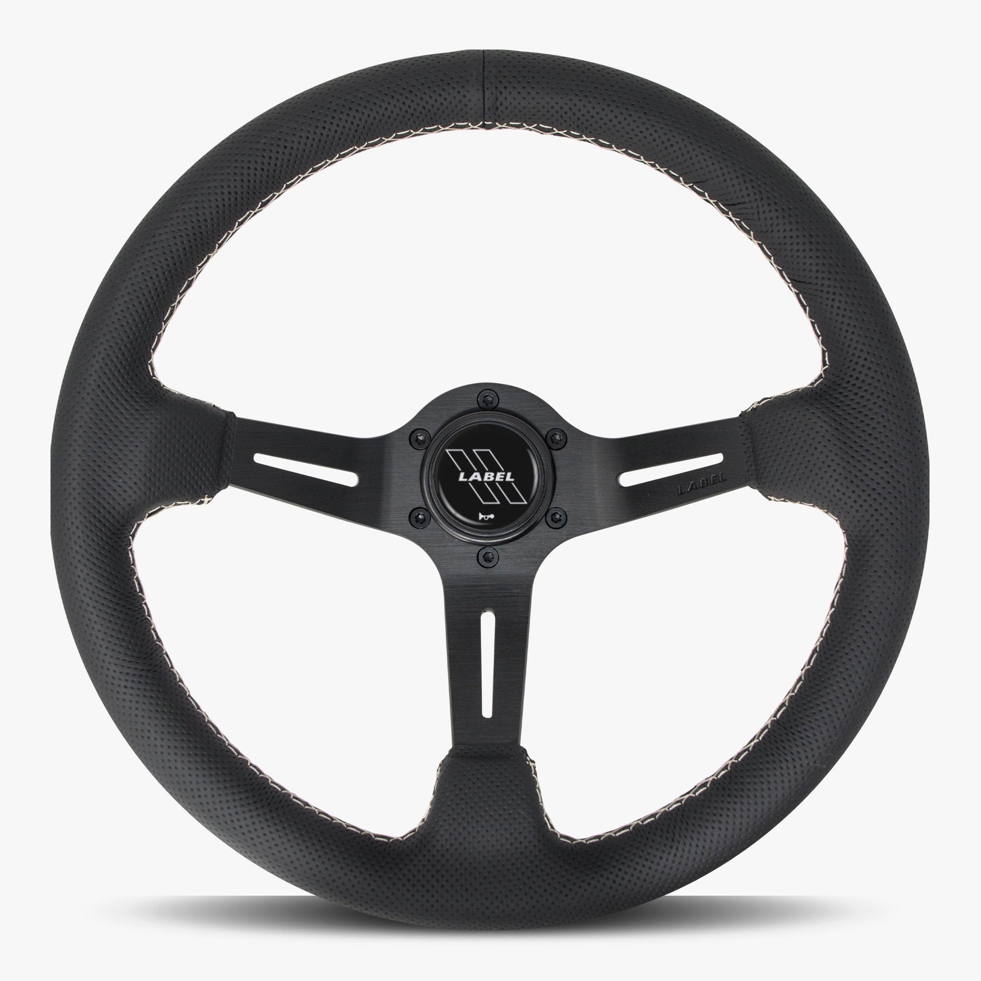 Le Mans Steering Wheel | Black Perforated Leather | Black Spokes | White Stitching - Korvel