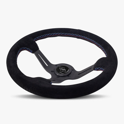 Le Mans Steering Wheel | Black Alcantara & Anodized Spokes | Bavarian Stitch Design - Korvel