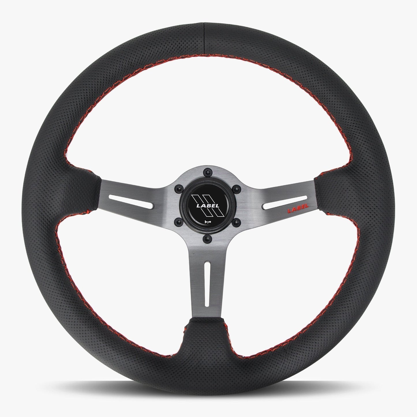 Le Mans Steering Wheel | Black Perforated Leather | Graphite Spokes | Red Stitching - Korvel