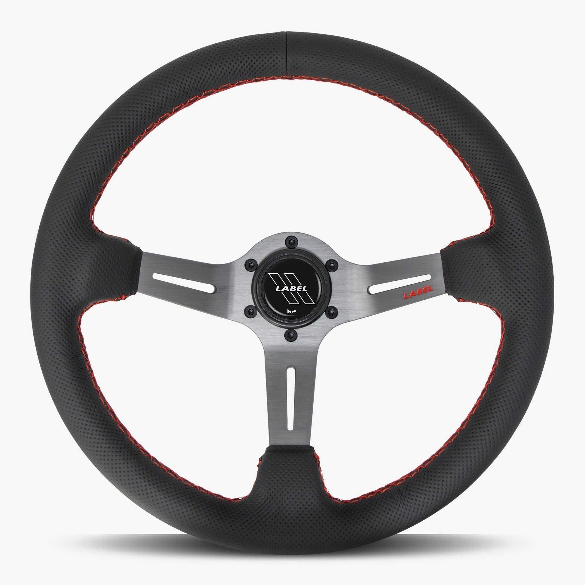 Le Mans Steering Wheel | Black Perforated Leather | Graphite Spokes | Red Stitching - Korvel