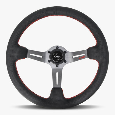 Le Mans Steering Wheel | Black Perforated Leather | Graphite Spokes | Red Stitching - Korvel