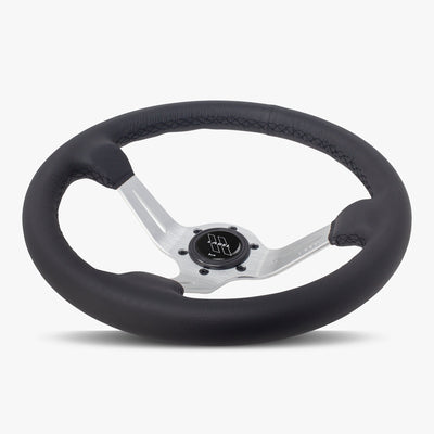 Le Mans Steering Wheel | Premium Black Leather | Silver Spokes | Black Stitching - Korvel
