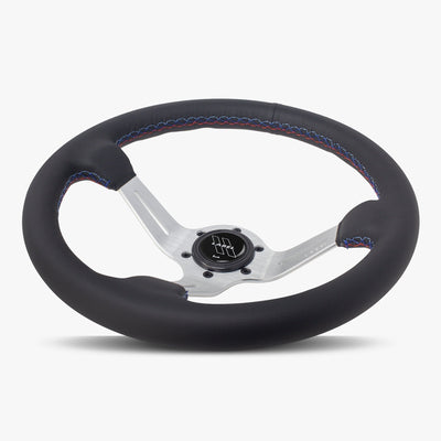 Le Mans Steering Wheel | Black Leather | Silver Spokes | Bavarian Stitch Design - Korvel