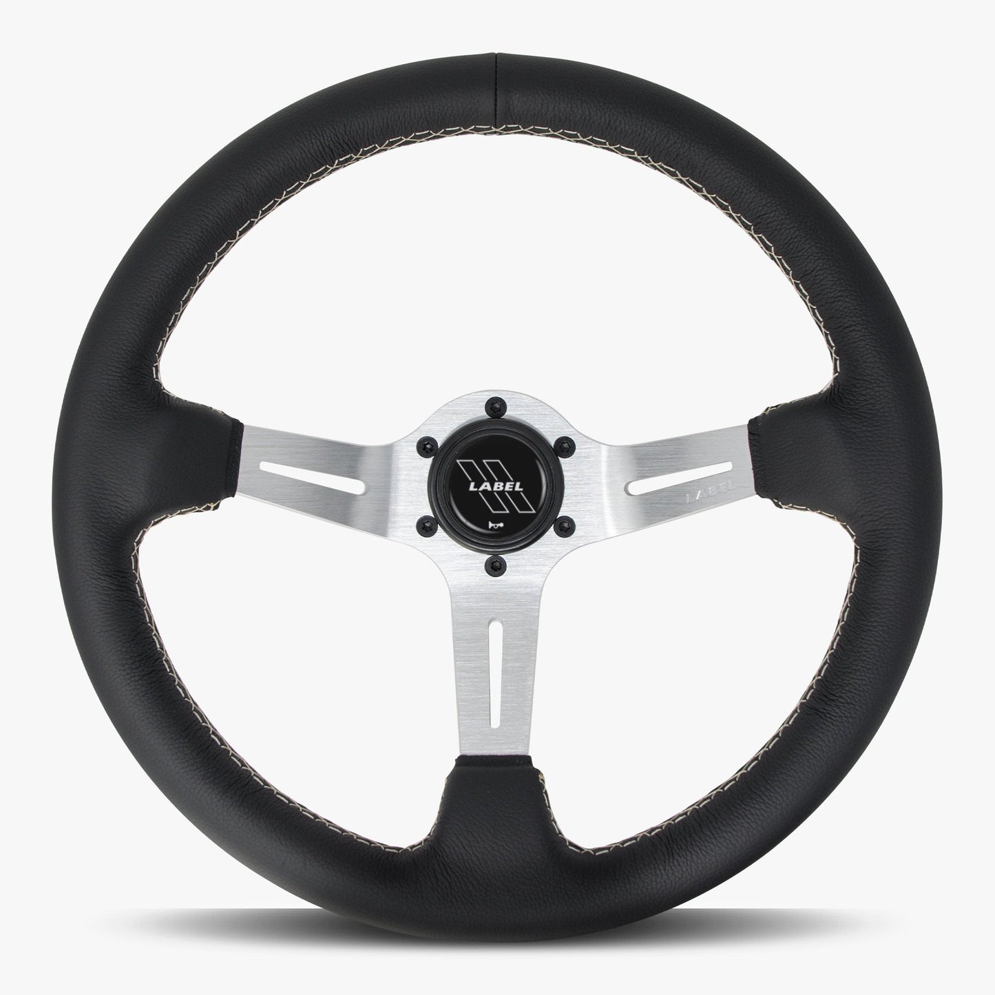 Le Mans Steering Wheel | Black Leather | Silver Spokes | White Stitching - Korvel