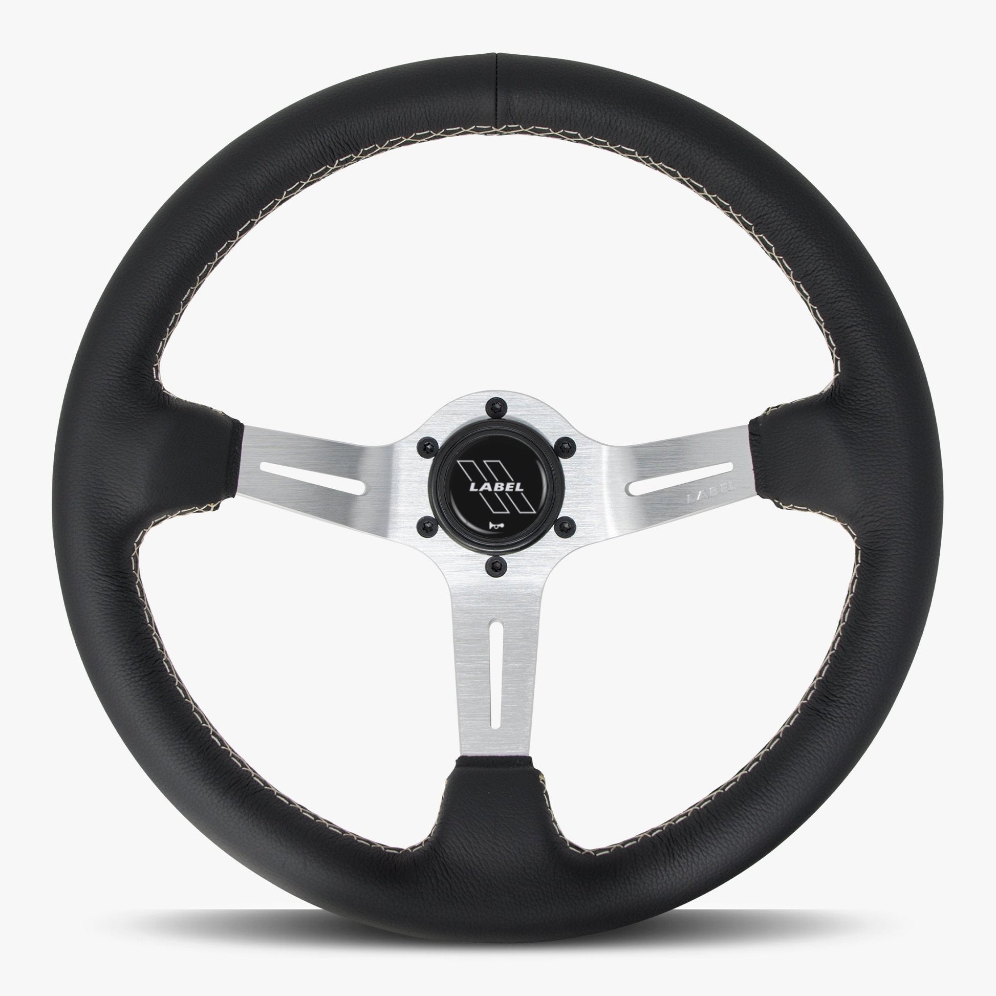 Le Mans Steering Wheel | Black Leather | Silver Spokes | White Stitching - Korvel