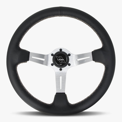 Le Mans Steering Wheel | Black Leather | Silver Spokes | White Stitching - Korvel