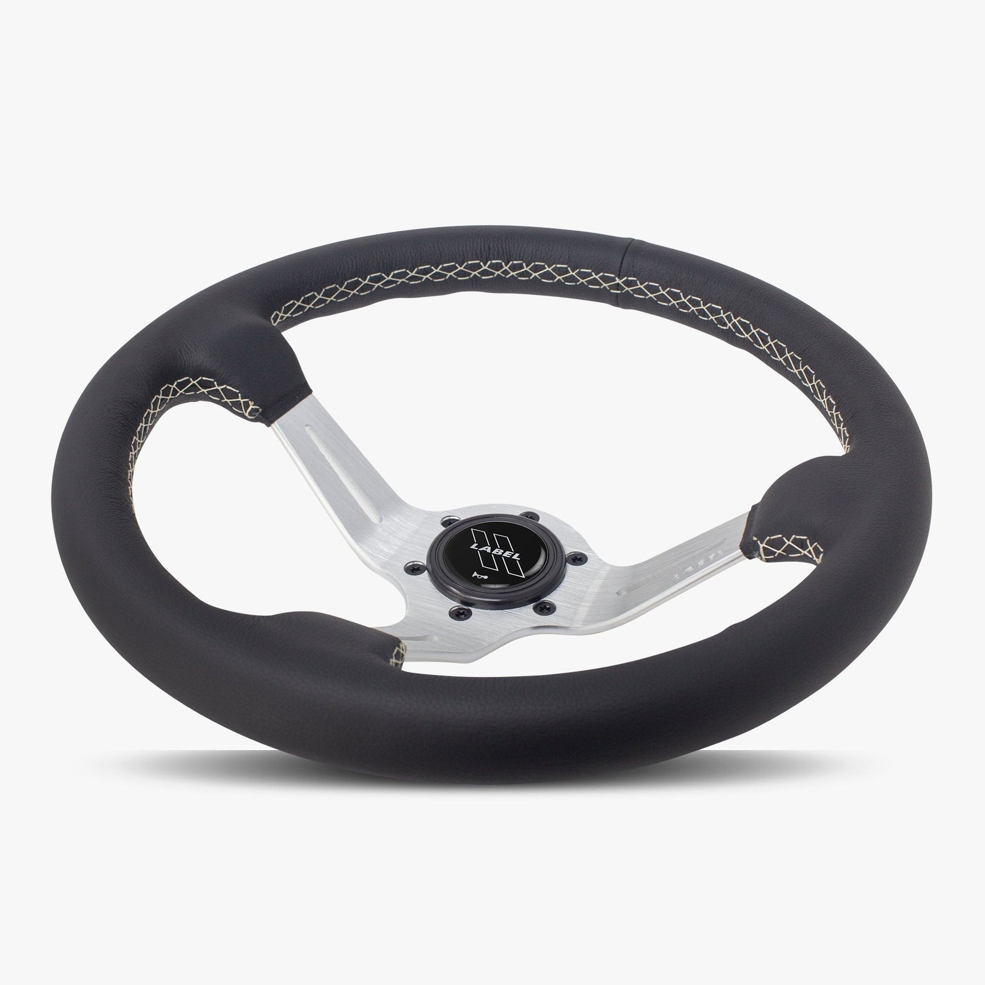 Le Mans Steering Wheel | Black Leather | Silver Spokes | White Stitching - Korvel