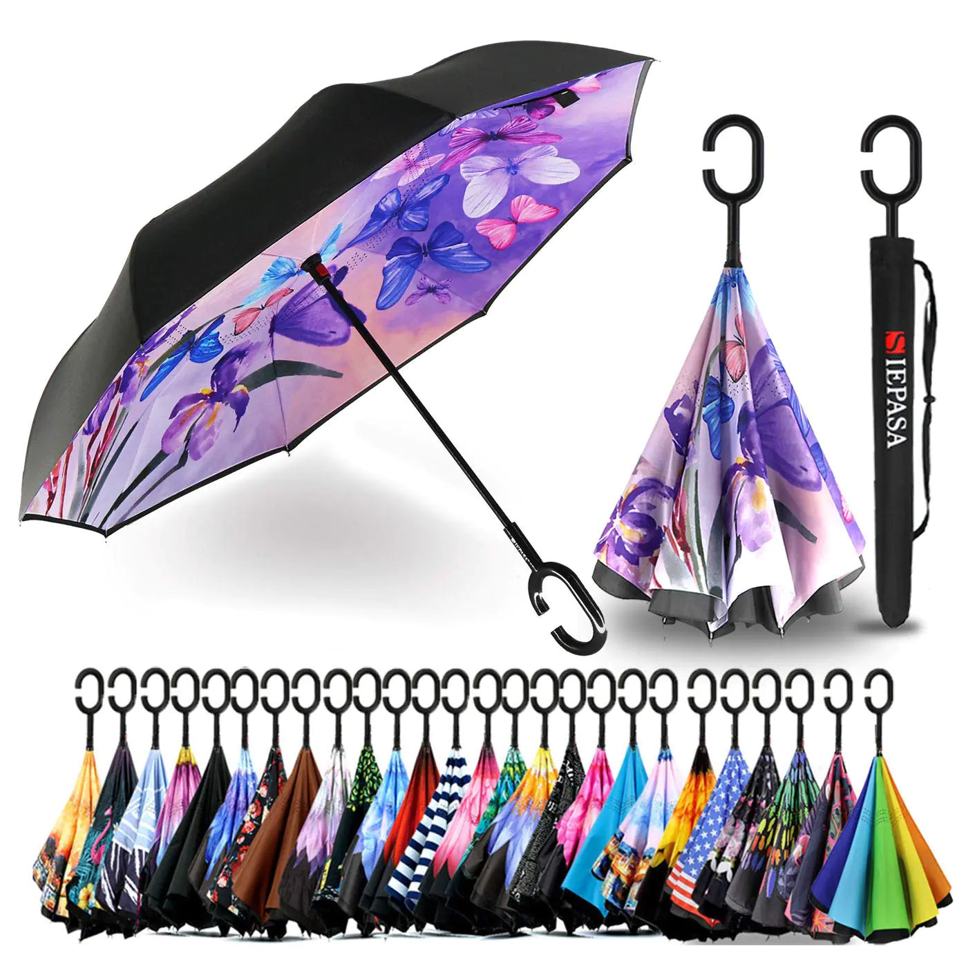 SIEPASA Inverted Reverse Umbrella - Blue Butterfly Design